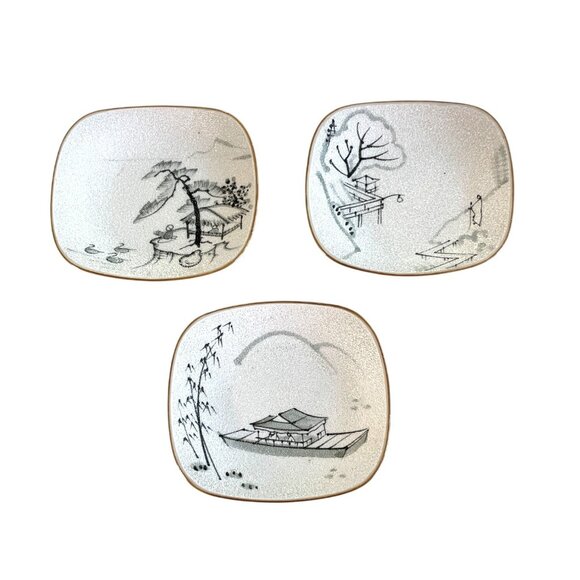 Japanese Soy Sauce Dipping Dishes Ceramic Textured Hand Painted 5" Set of 3 - Picture 1 of 9